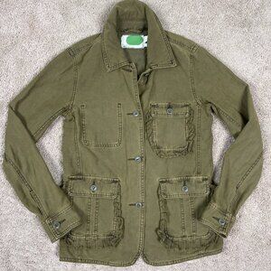By Anthropologie Jacket Womens XS Green Military Army Ruffle Pockets Bohemian